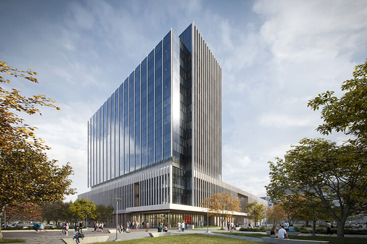 Architectural rendering of the exterior of the new IU School of Medicine Medical Education Building.